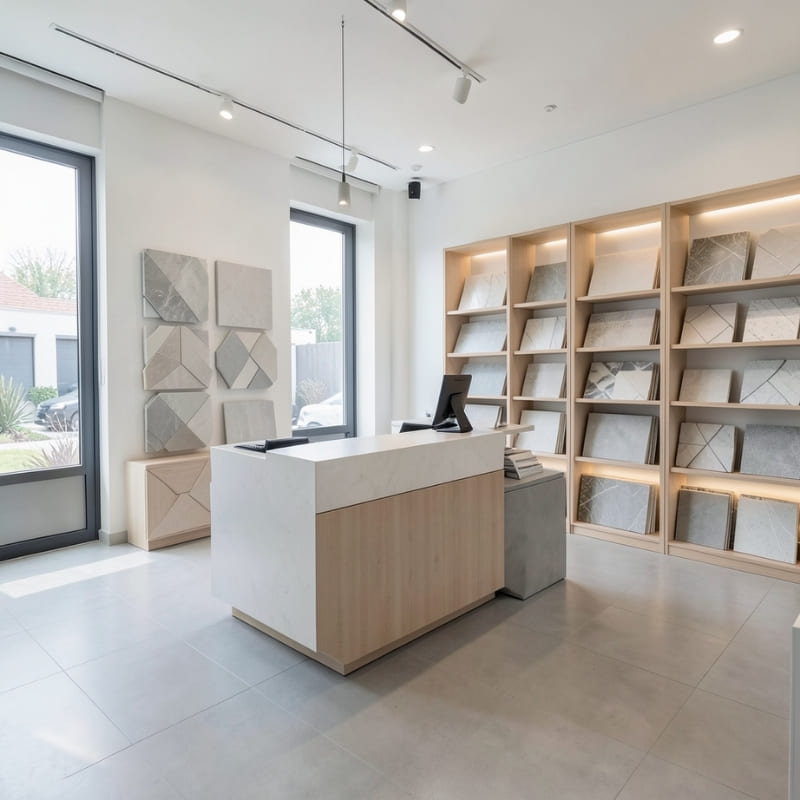 Fliesenladen Showroom - Musterfliesen an der Empfangstheke